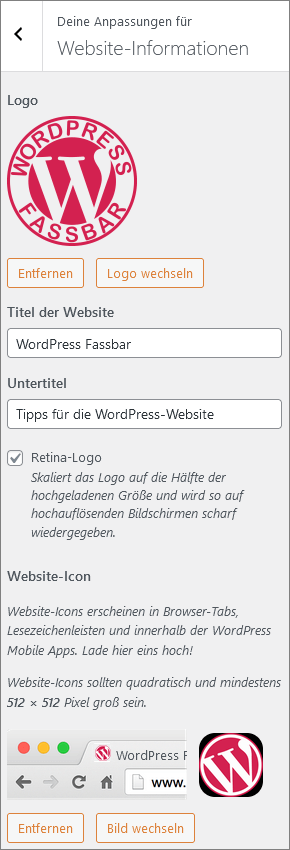 WordPress- Menü: Design > Customizer > Website-Informationen